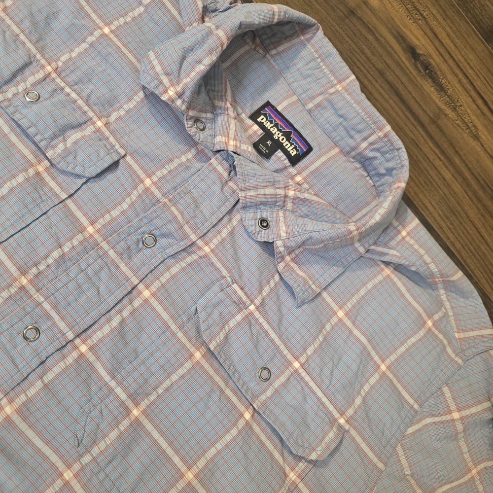 Patagonia Plaid Nylon Snap Button Shirt Mens XL Blue Short Sleeve Outdoor